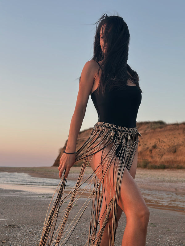 Beach Long  Knit Semi-Sheer Gold Fringe Skirt "St. Tropez"