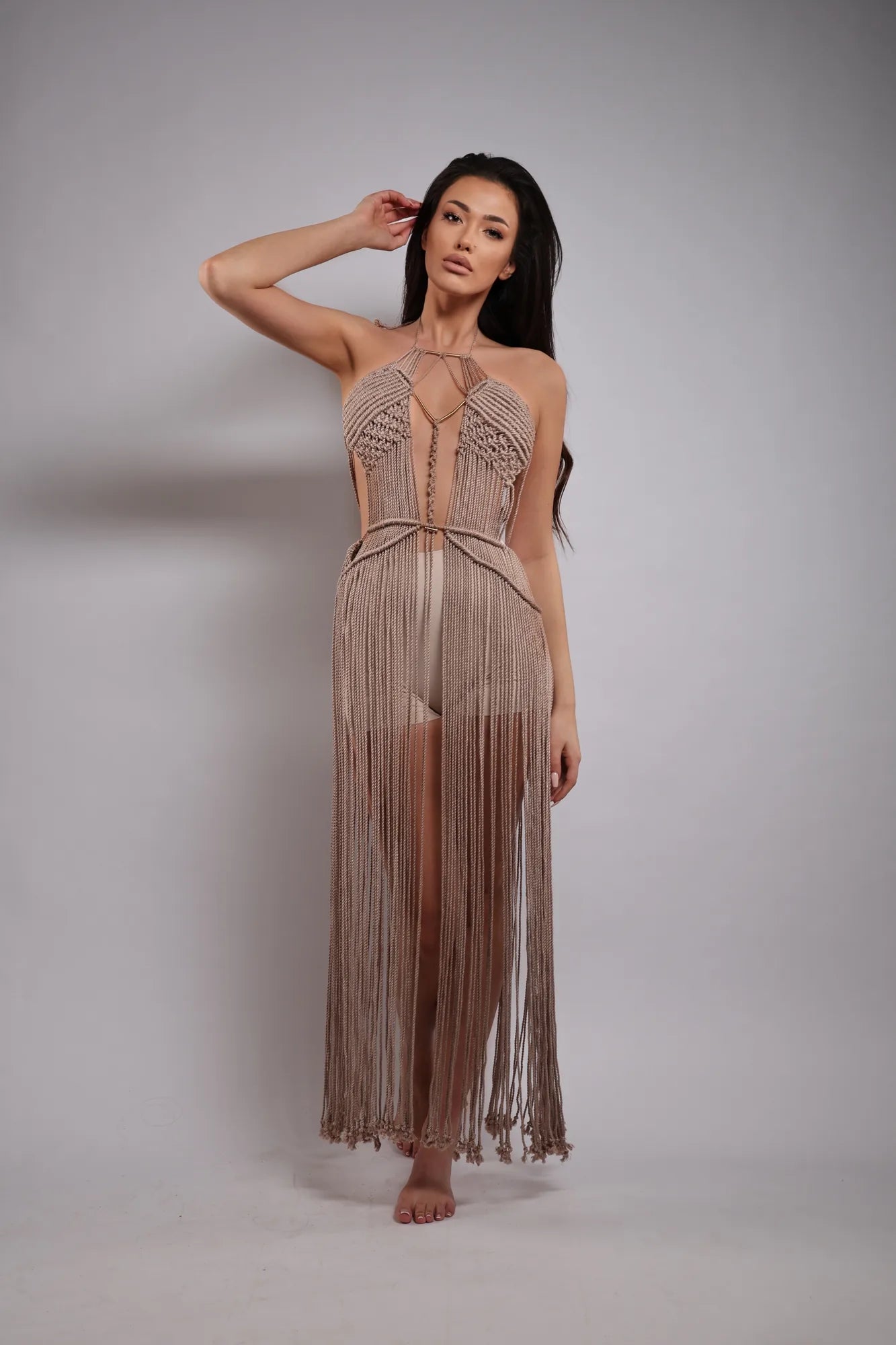 Malibu Beach Long Dress Bamboo Dress – Boho Dress with Gold Details & Fringe – product view 2