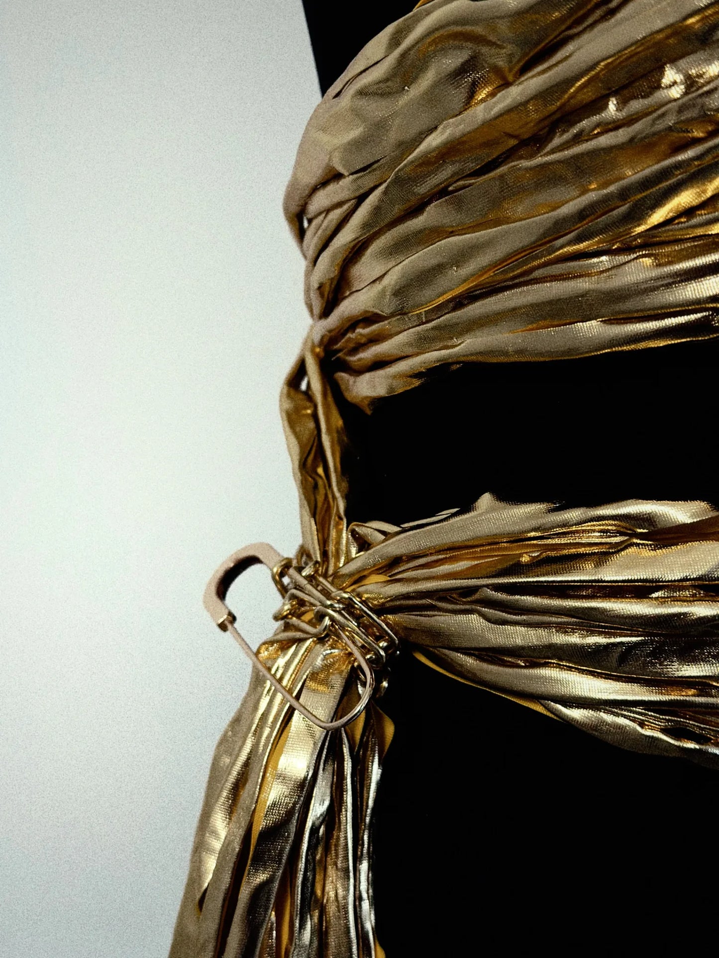 Liquid Gold Bustier Top – Metallic Party Top with Safety Pin & Chain Detail – product view 3