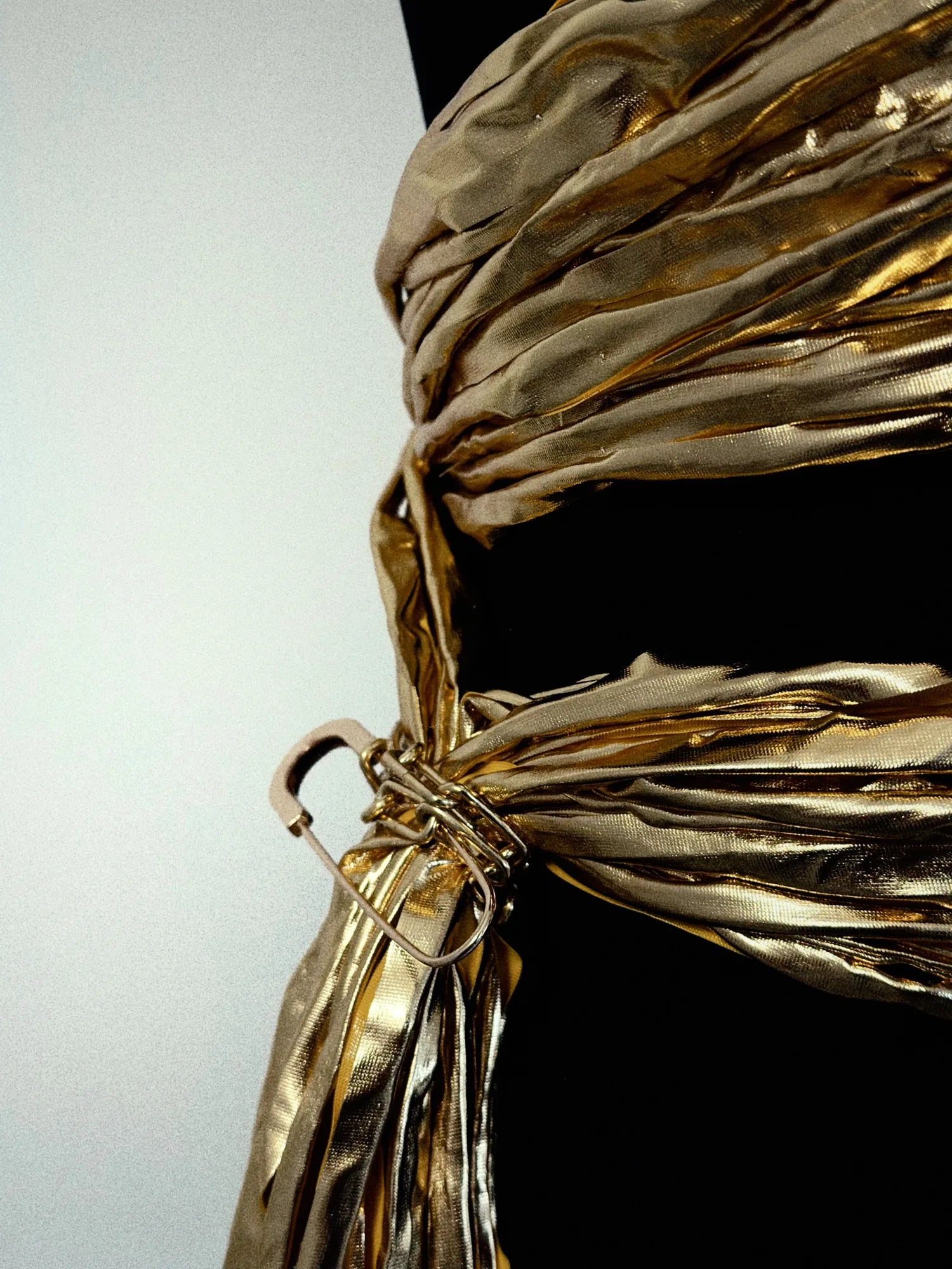 Liquid Gold Bustier Top – Metallic Party Top with Safety Pin & Chain Detail – product view 3