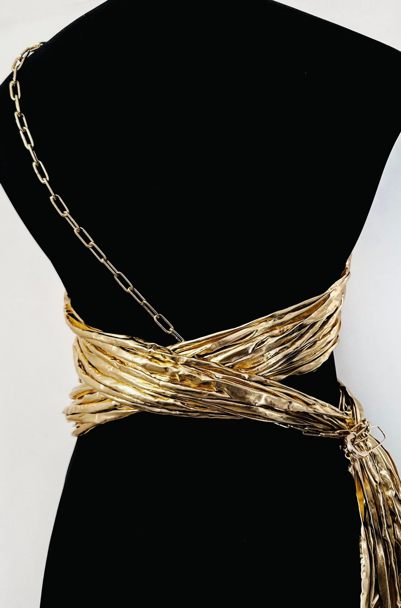 Liquid Gold Bustier Top – Metallic Party Top with Safety Pin & Chain Detail – product view 4