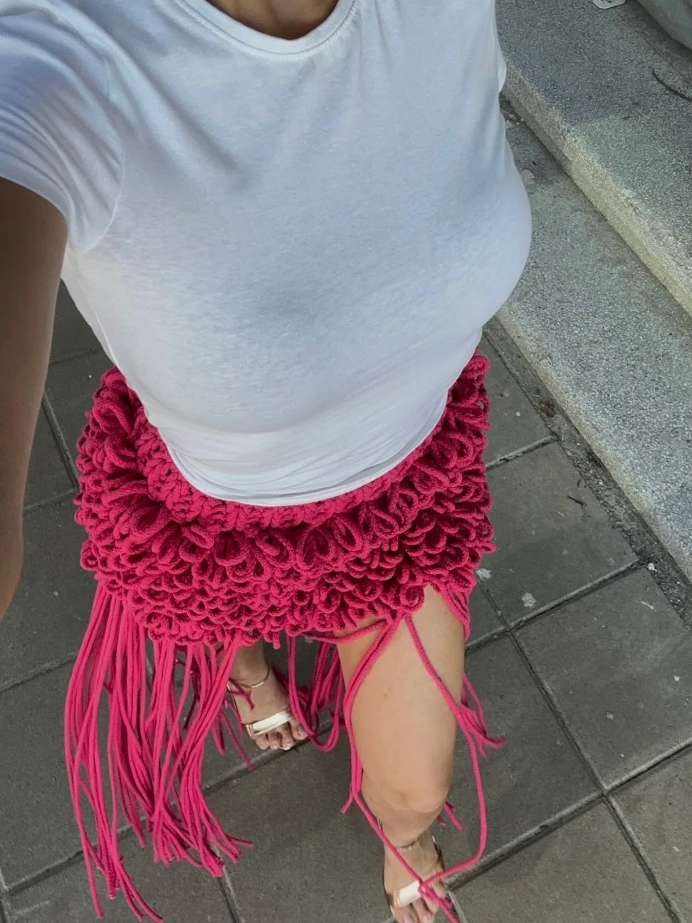 Naomi Mini Fringe Skirt Designer Handmade Low Waist Knit  Skirt – product view 3