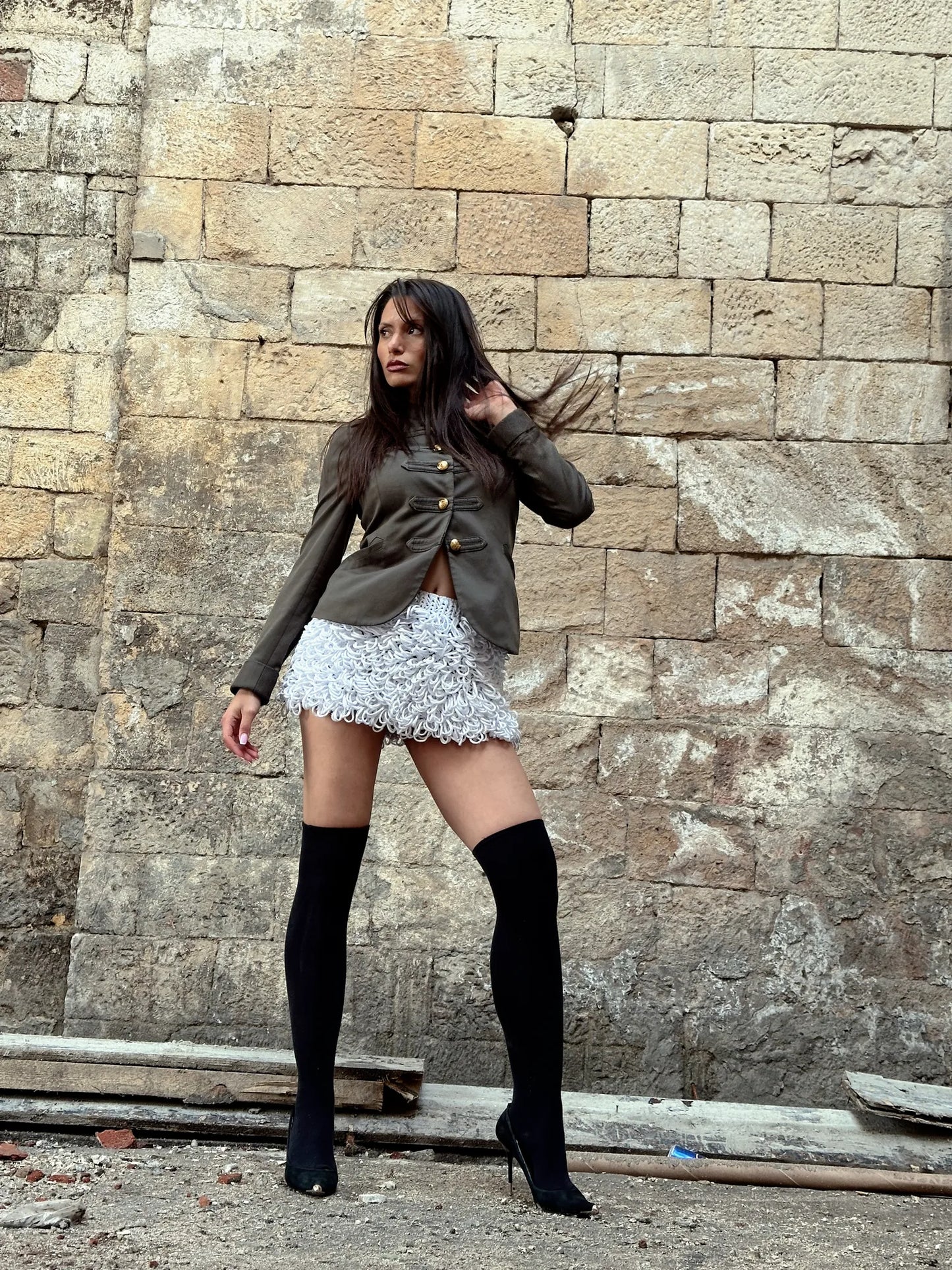 Tuscany Designer Handmade Low Waist Knit Mini Skirt with loops – product view 3