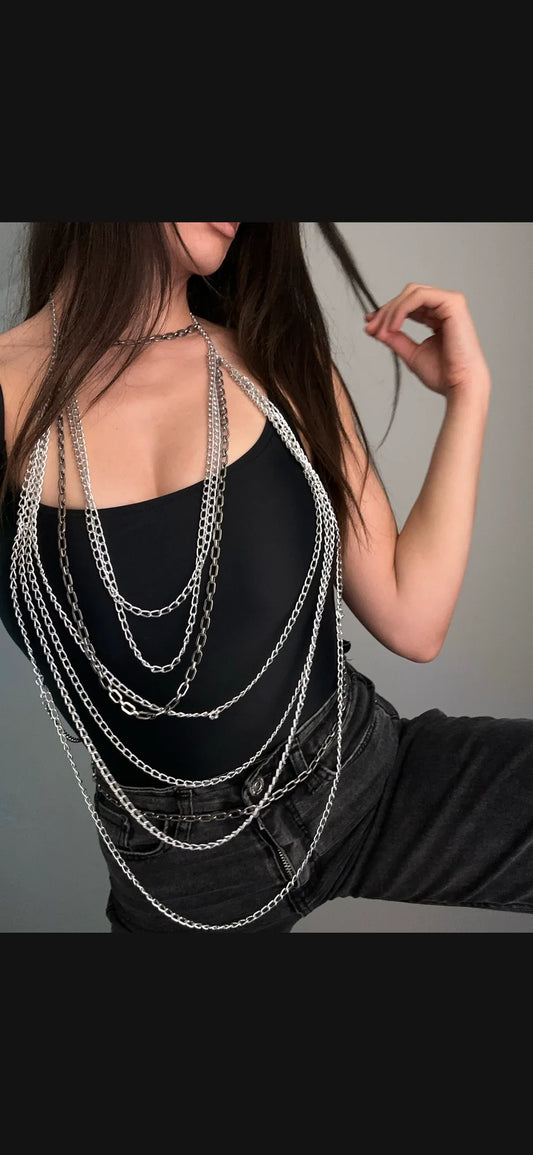 Manhattan - Silver Body Chain Armor – Multi-Caliber Layered Harness – Industrial Statement Jewelry & Cyber Chic Editorial Accessory – product view 1