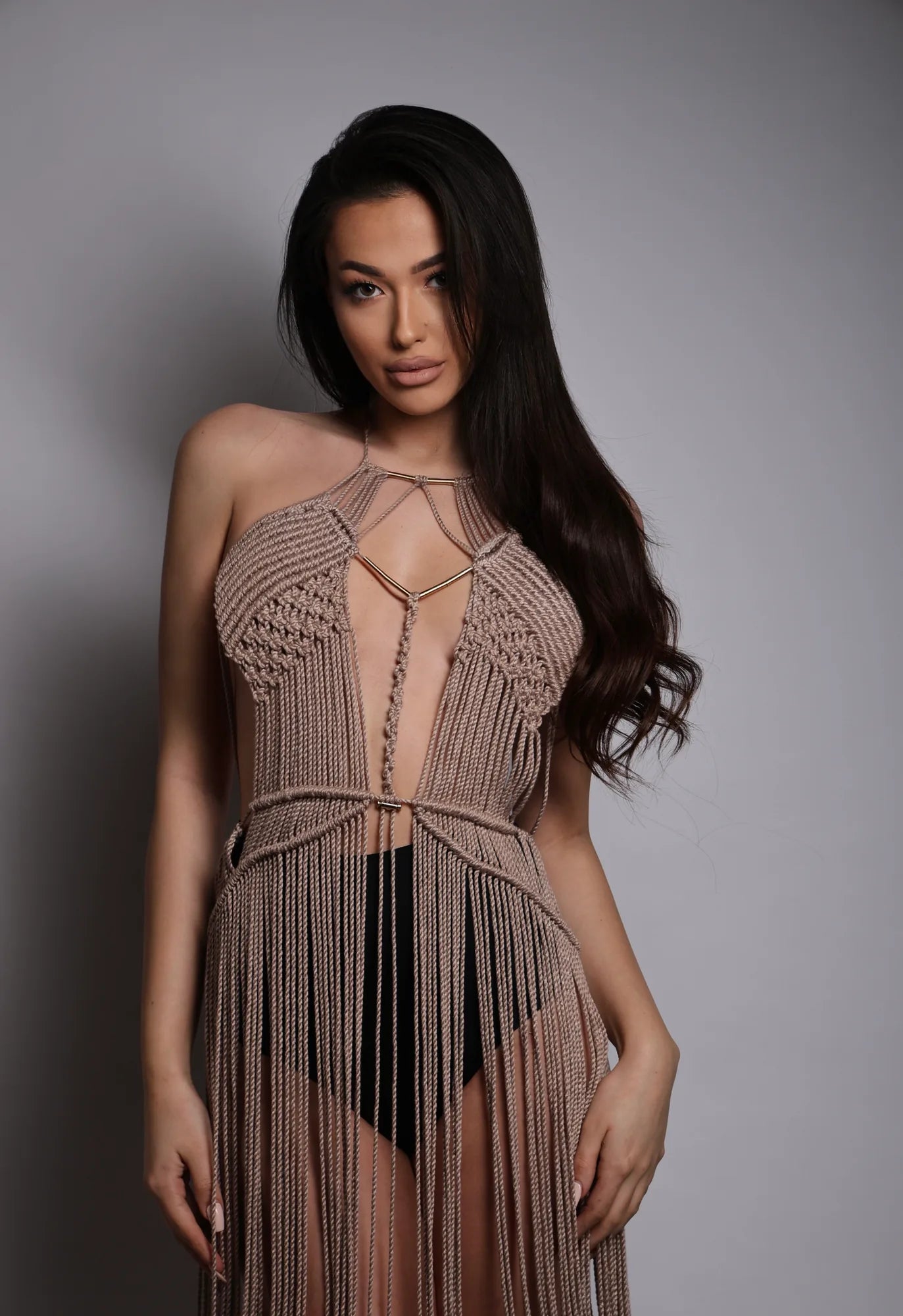 Malibu Beach Long Dress Bamboo Dress – Boho Dress with Gold Details & Fringe – product view 1