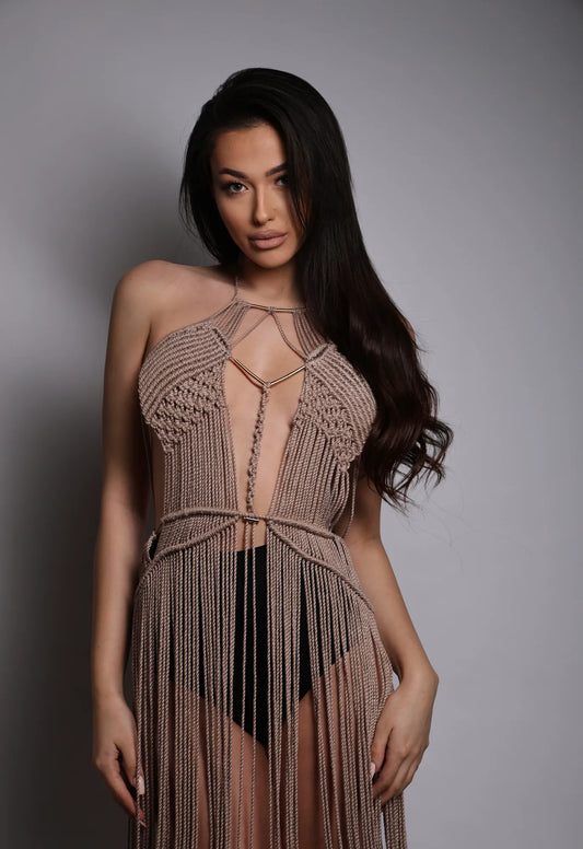 Malibu Beach Long Dress Bamboo Dress – Boho Dress with Gold Details & Fringe – product view 1