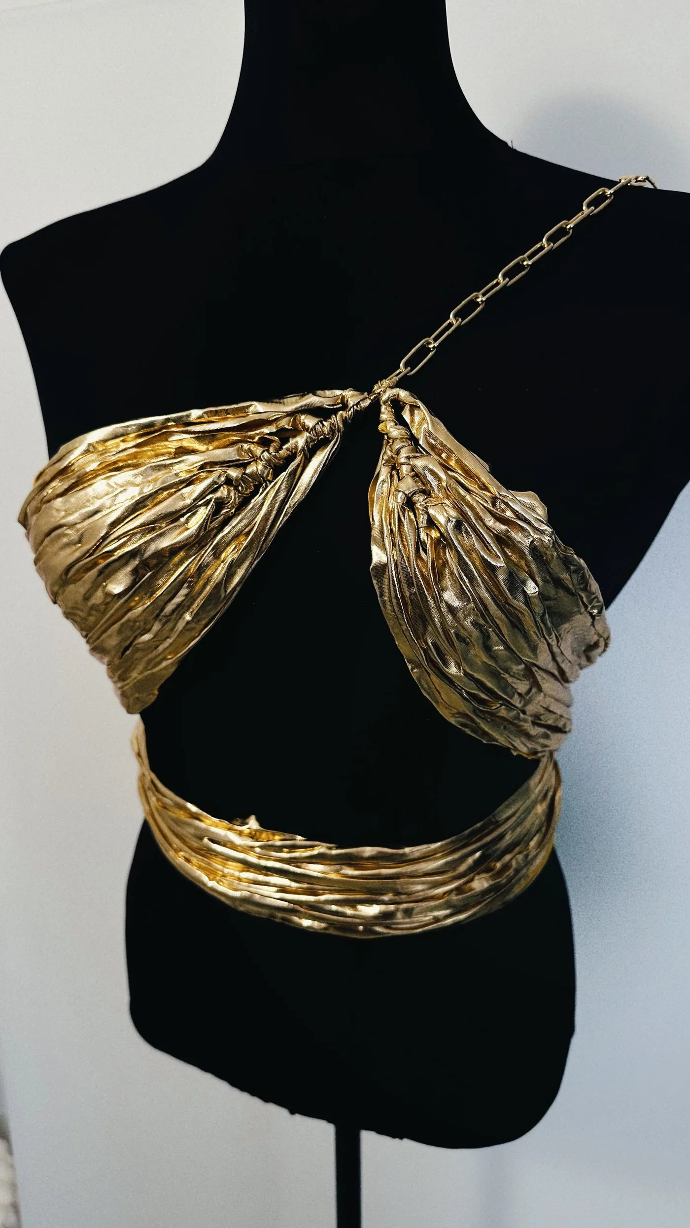Liquid Gold Bustier Top – Metallic Party Top with Safety Pin & Chain Detail – product view 2