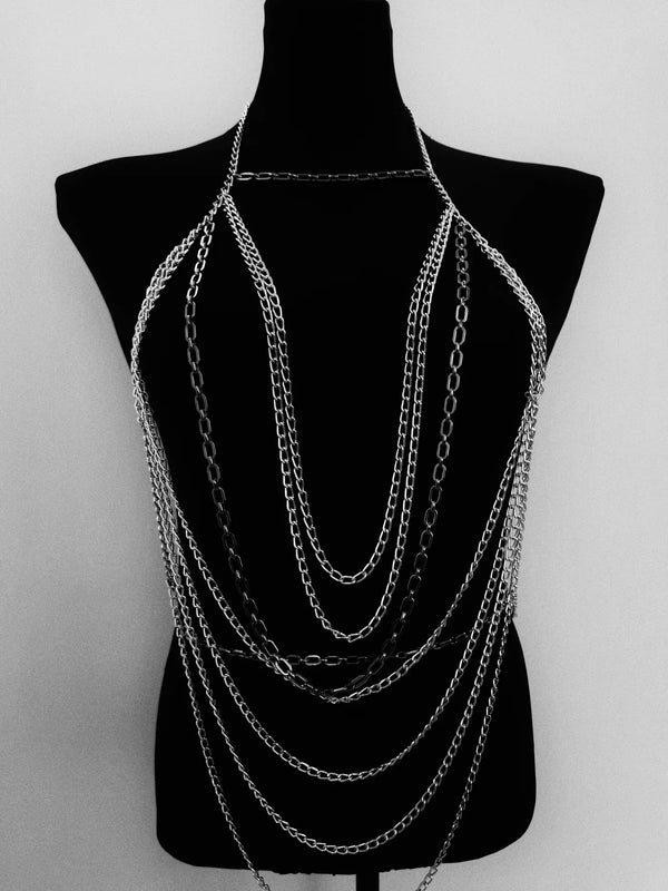 Manhattan - Silver Body Chain Armor – Multi-Caliber Layered Harness – Industrial Statement Jewelry & Cyber Chic Editorial Accessory – product view 2